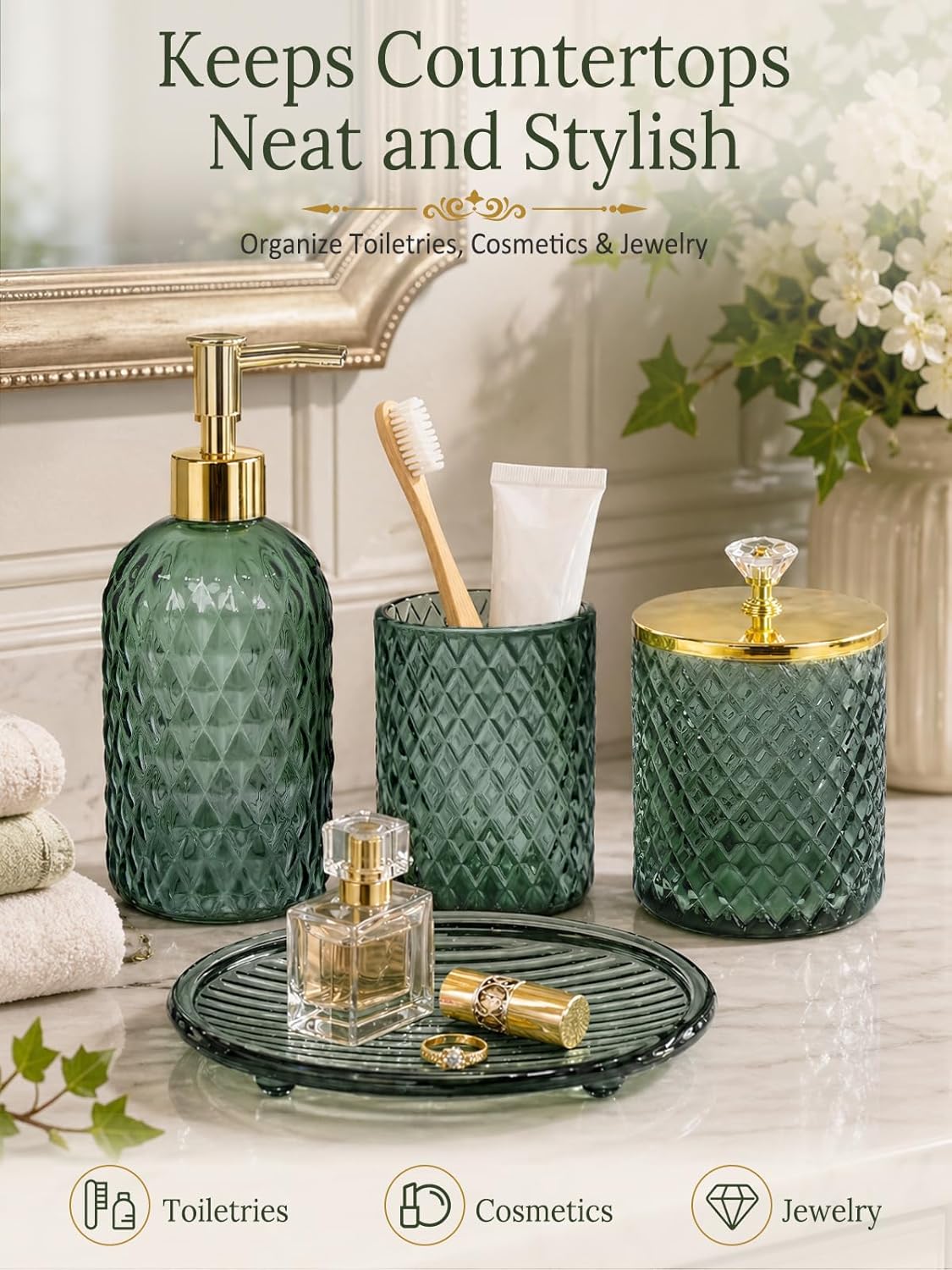 Glass Complete w/Bathroom Soap Dispenser Set / Bathroom Set / Sage Green / Set of 4