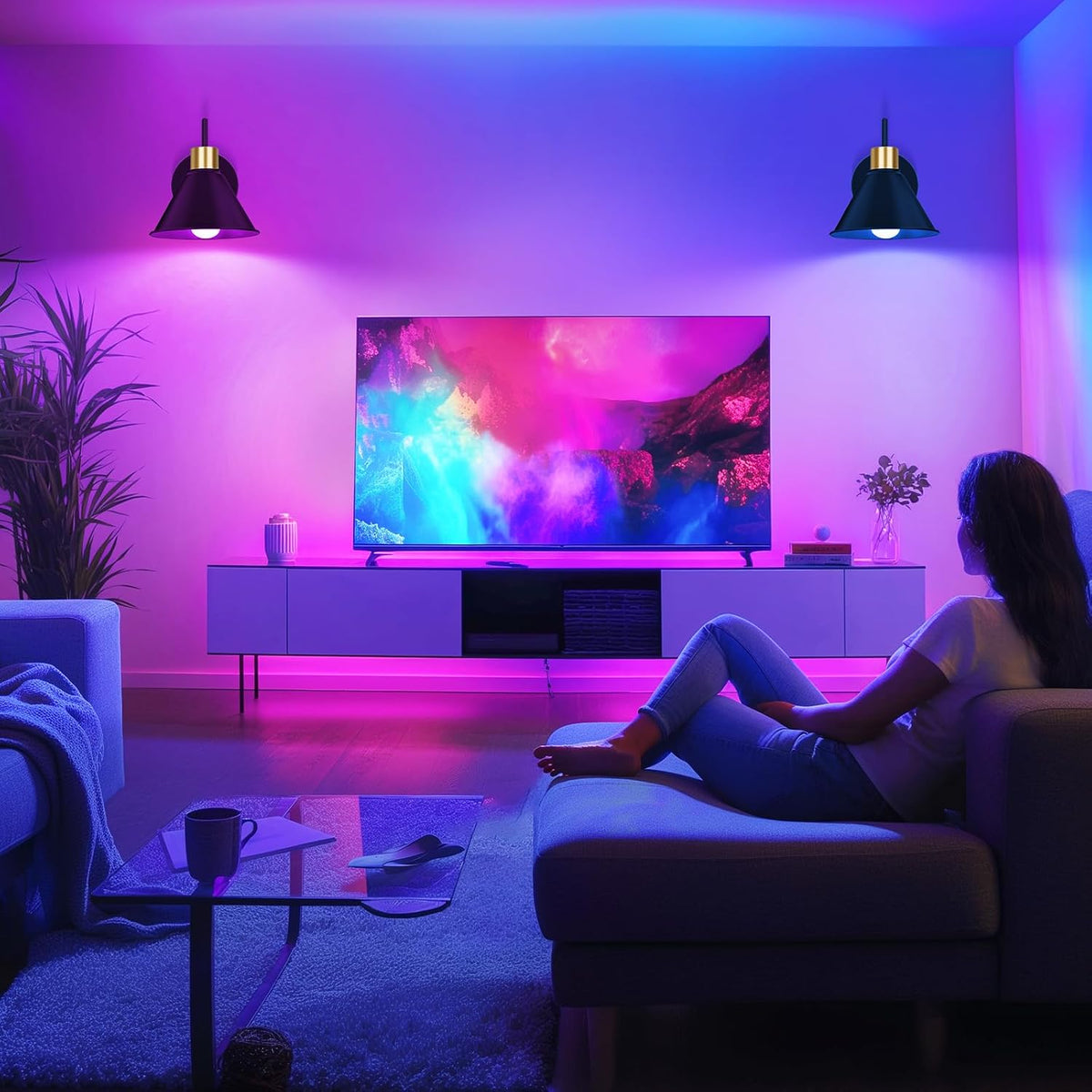 Frideko Rechargeable Battery Operated Wall Sconces Set of Two with Remote, RGB 15 Colors Dimmable Black Wall Light