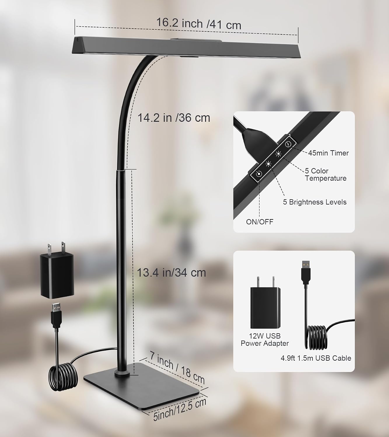 LED Desk Lamp for Home Office with Base, Eye-Caring Desk Light 12W, Black | Tall Lamp for Computer Monitor Task