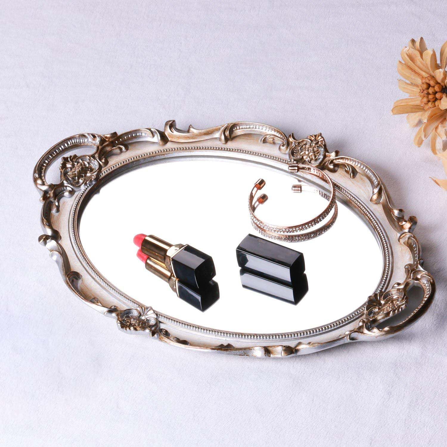 Serving Tray / Makeup Organizer / Golden Silver / 9.8 x 14.6
