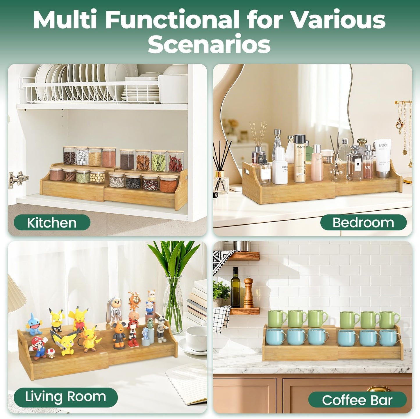 EsLuker.ly Coffee Mug Cup Holder Rack for Cabinets Countertop, Bamboo | 2 Tier Expandable Mug Storage Organizer Coffee