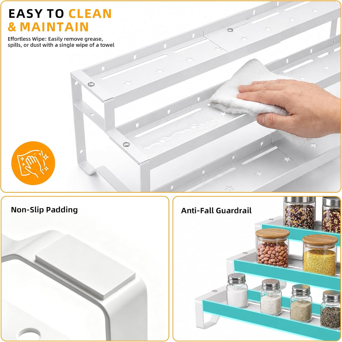 Spice Rack Organizer for Cabinet, 13-21.5" Expandable Spicy Shelf | 9.45" Depth 3-Tier White Metal Seasoning Organizer