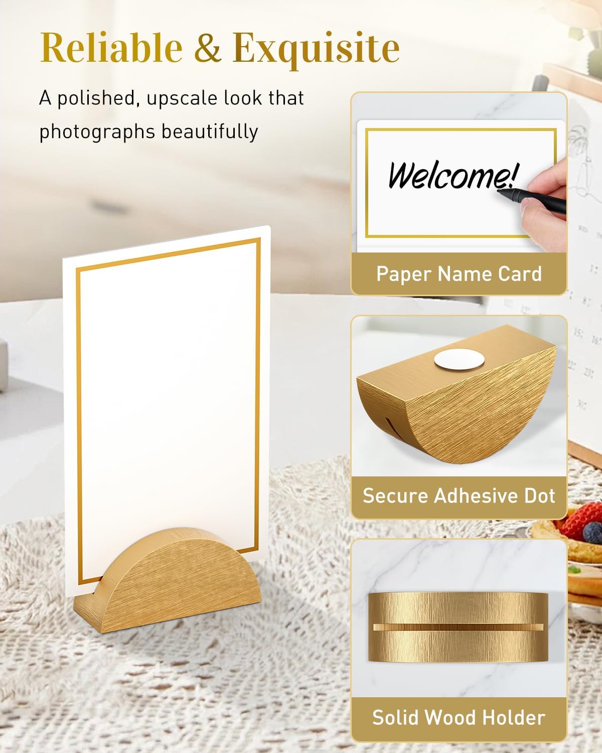 Uniclife 48 Pcs Place Card Holders for Wedding Party Tables | gold wood place card holders include 48 name cards and