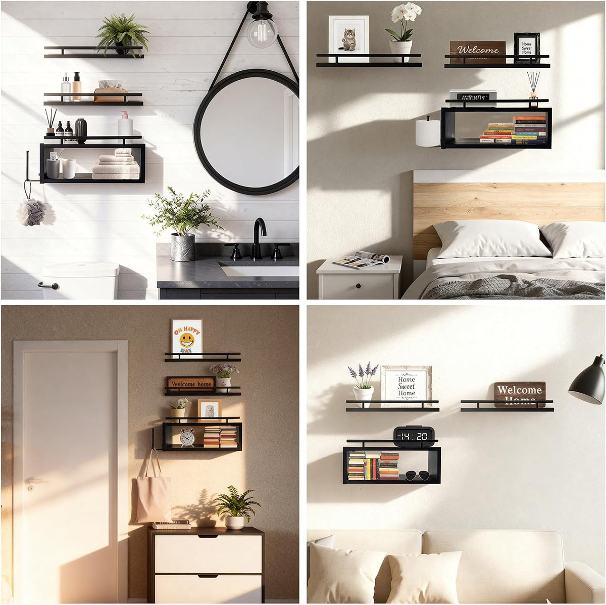 Wooden Floating Shelves with Paper Towel Holder for Bathroom Wall Storage | Bathroom Wall Shelf with Metal Rail, Wall