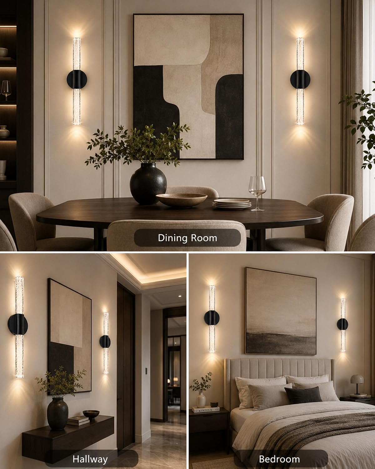 Black Rechargeable Wall Sconces Set of 2, Cordless Wall Lights | Wireless Magnetic Battery Sconces Wall Decor Set of 2