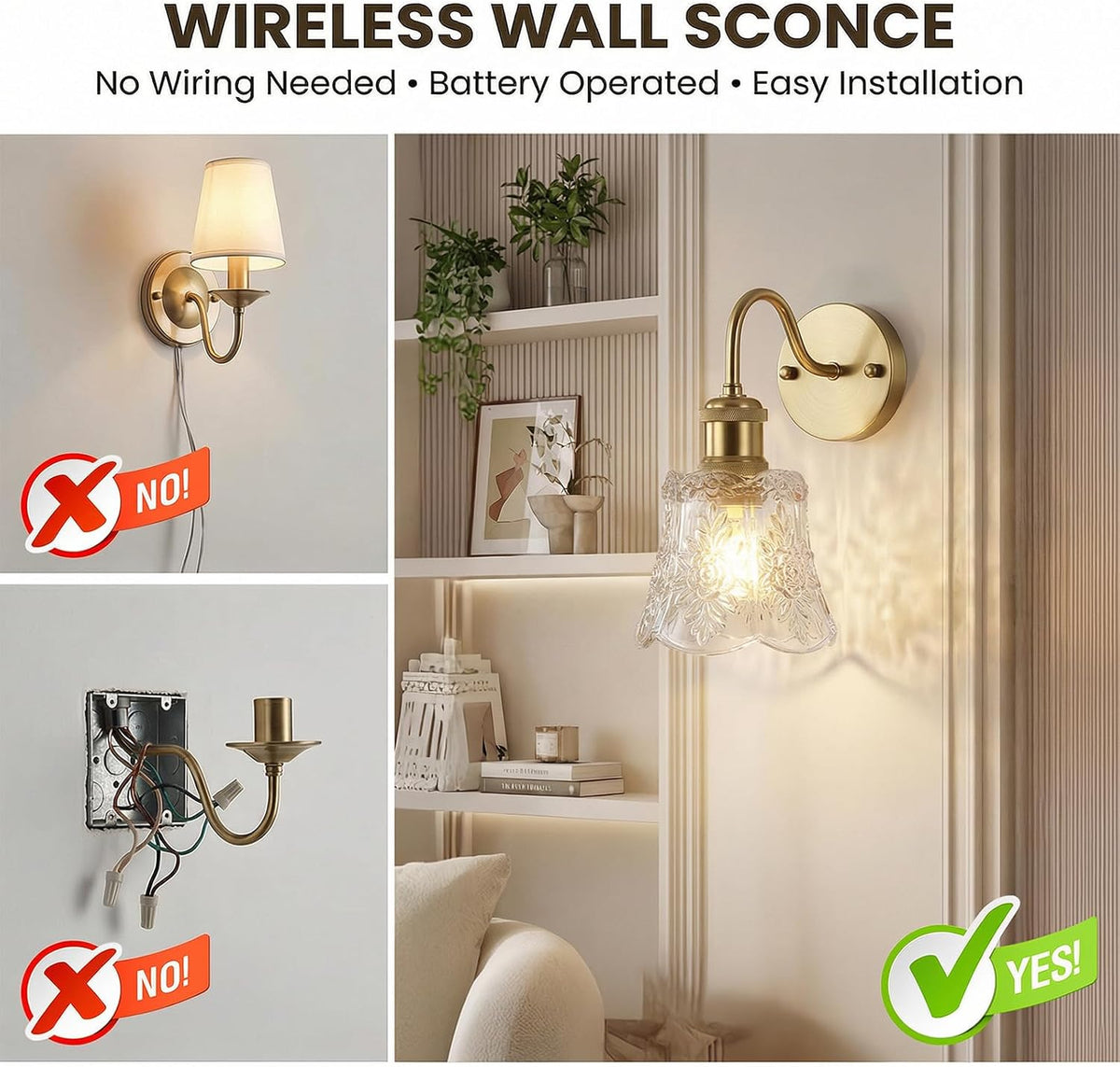 YUNICE Rechargeable Wall Sconces Set of 1 Battery Operated Wall Sconce with Remote Control Dimmable Cordless Wall Lamp