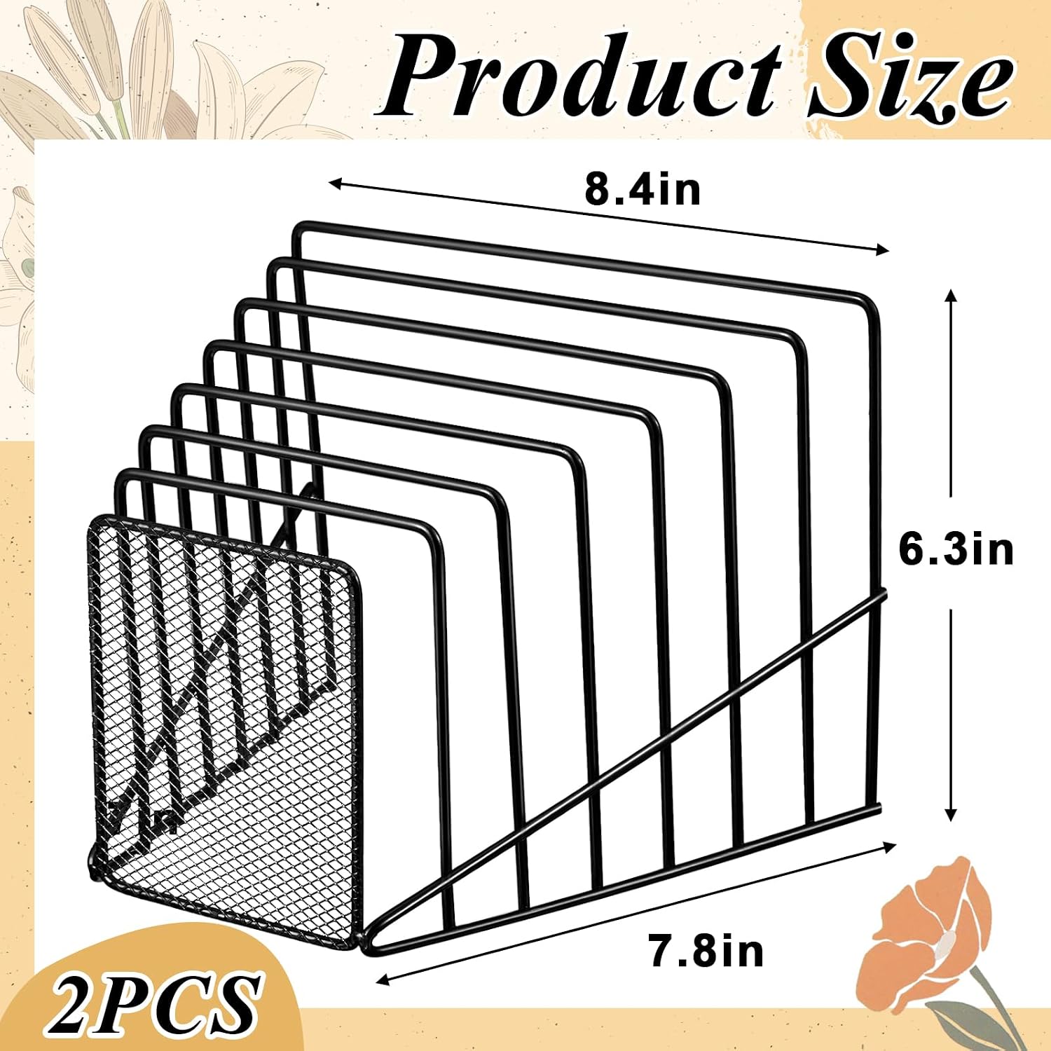 2 Pcs 7 Section Wire File Organizer for Desk, Metal Mesh Incline File Holder, Letter & Magazine Folder Rack, Desktop