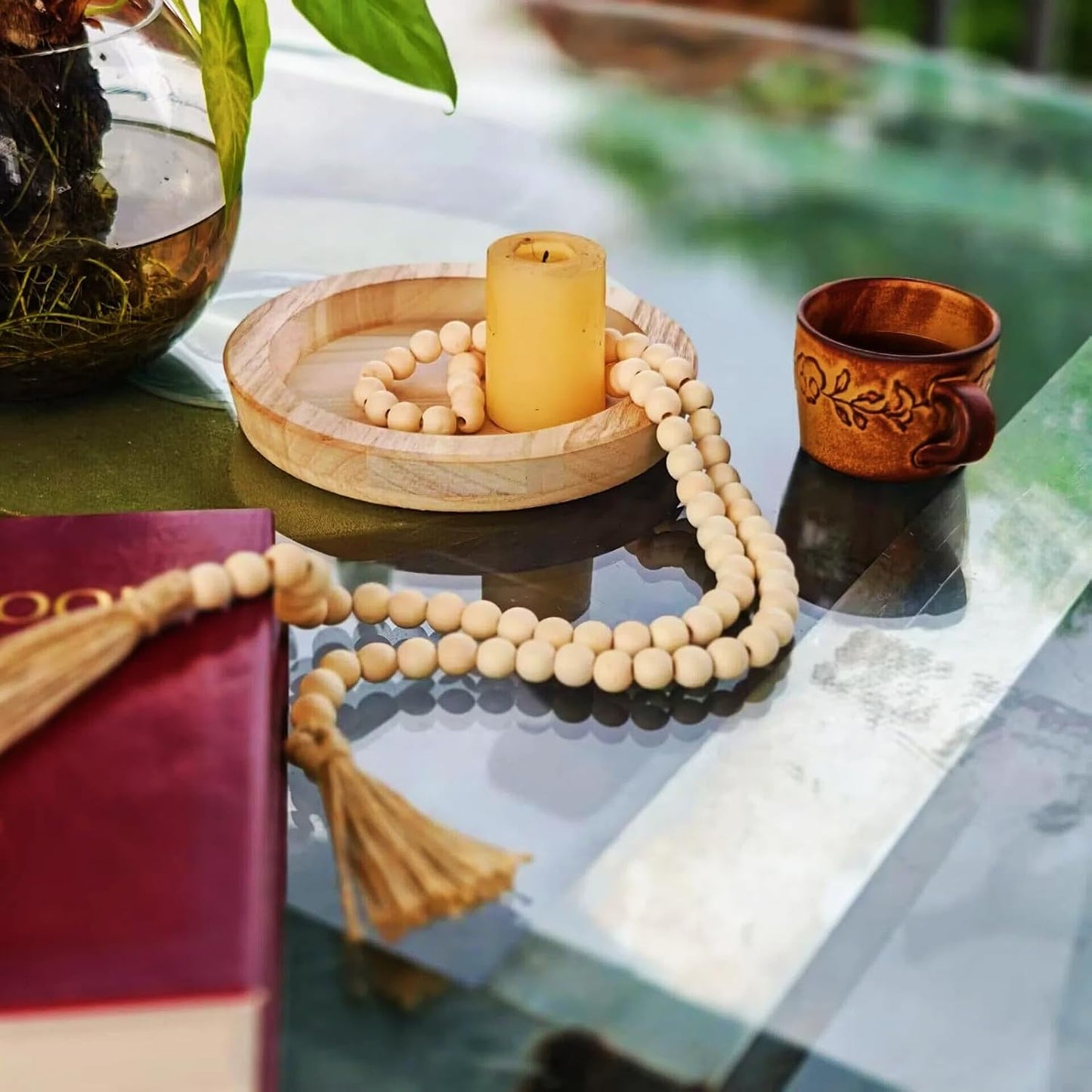 Wooden Tray / Wood Knot Decor & Wood Bead Garland / Set of 3