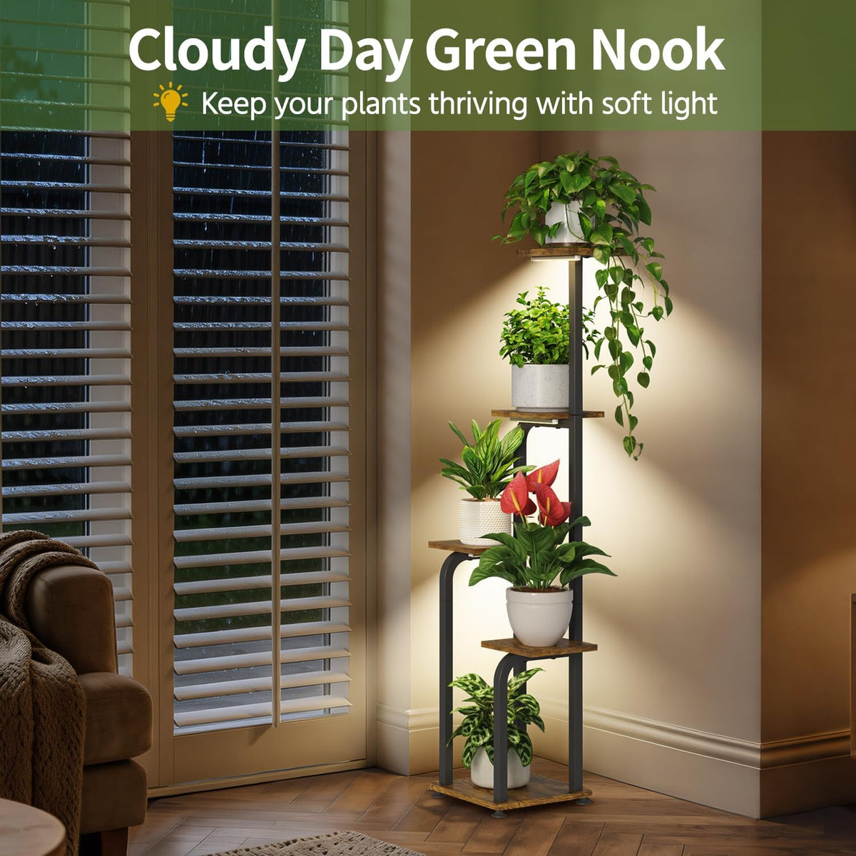 LASZOLA Plant Stand Shelf Tall for Indoor Corner with Lights, 5 Tier Brown | Modern Multiple Flower Display Rack with
