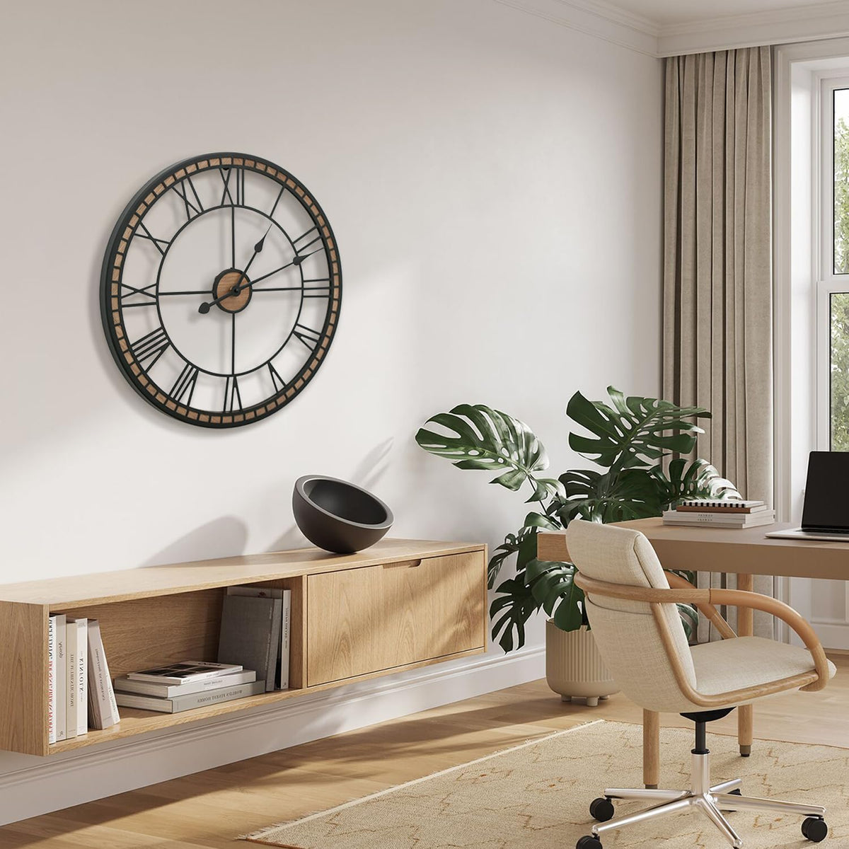 Micasso Decorative Wall Clock: 20 inch Modern Farmhouse Battery Operated | Black Metal with Wood Frame - Roman Numeral
