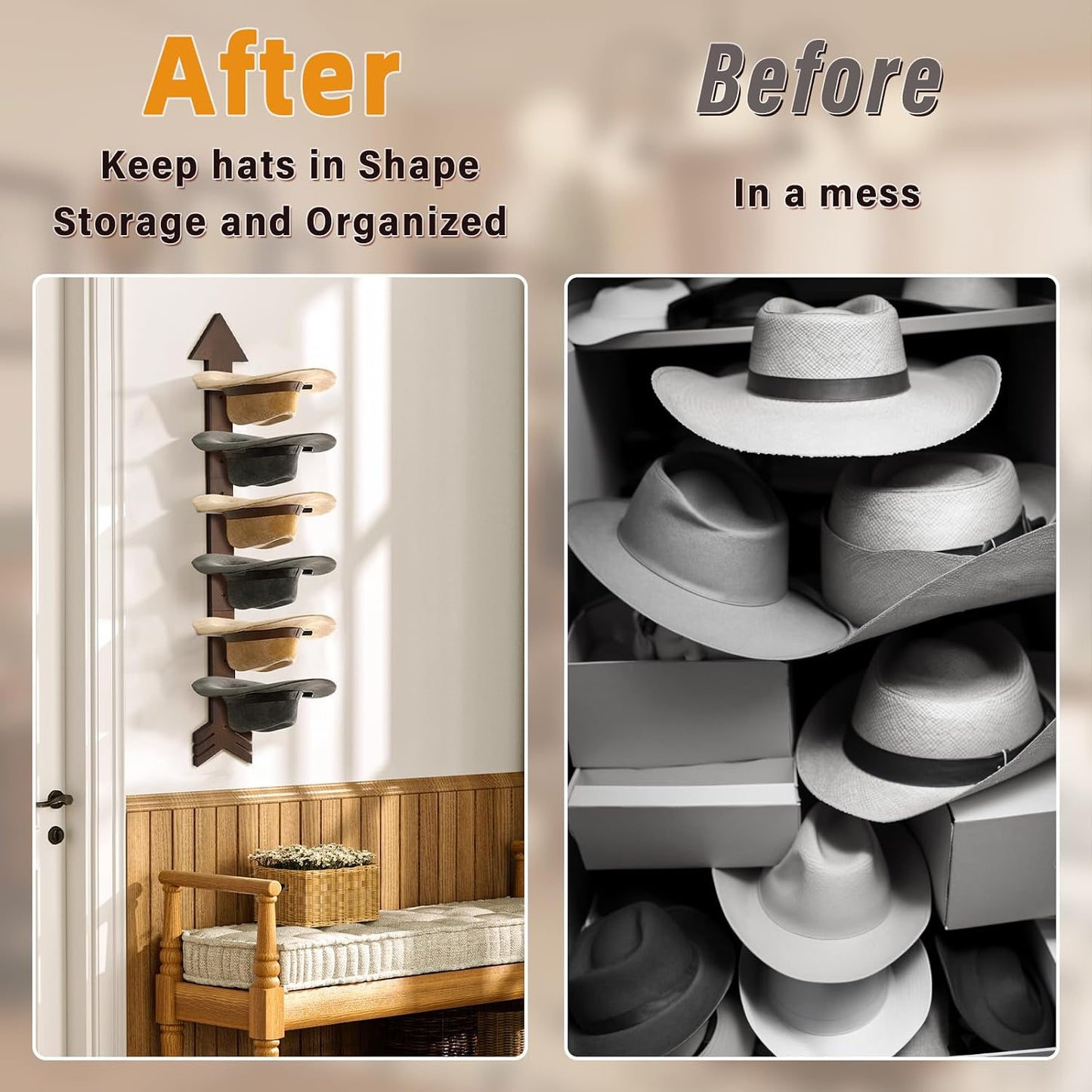 Cowboy Hat Rack Wall Mount, Solid Wood Arrow Design 6PK Cowboy Hat Holder | Western Decor, Hat Organizer Storage, Hat
