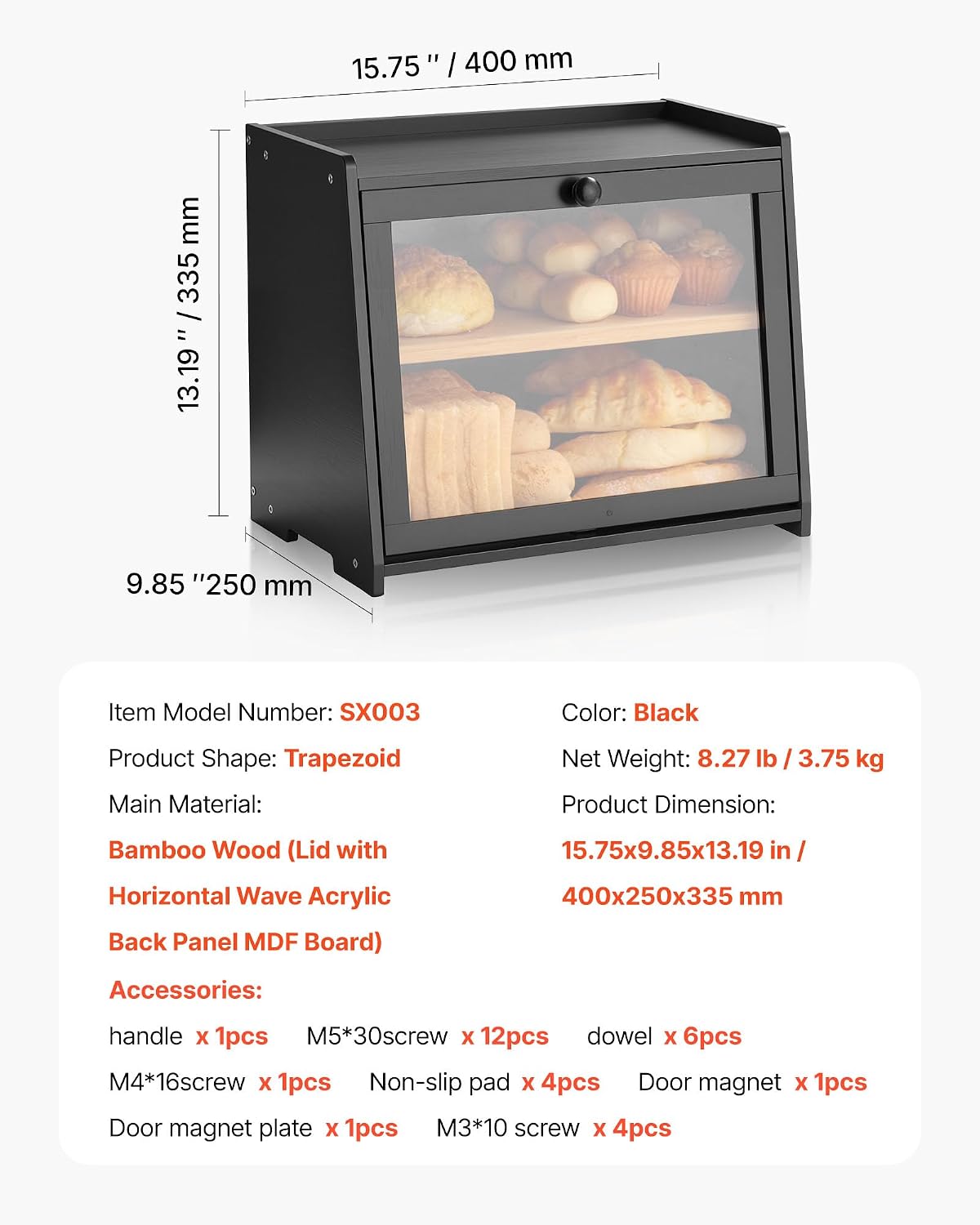 VEVOR Double Layer Bread Box for Kitchen Counter, Large Capacity Bamboo Bread Storage Container, Farmhouse Wooden