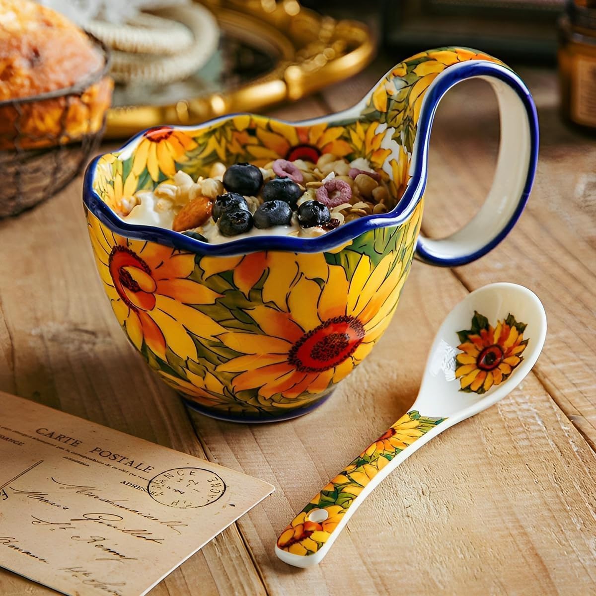 17.64 Oz Microwavable Soup Bowl / Sunflower - Handmade Loop Handle Soup Bowl with Spoon