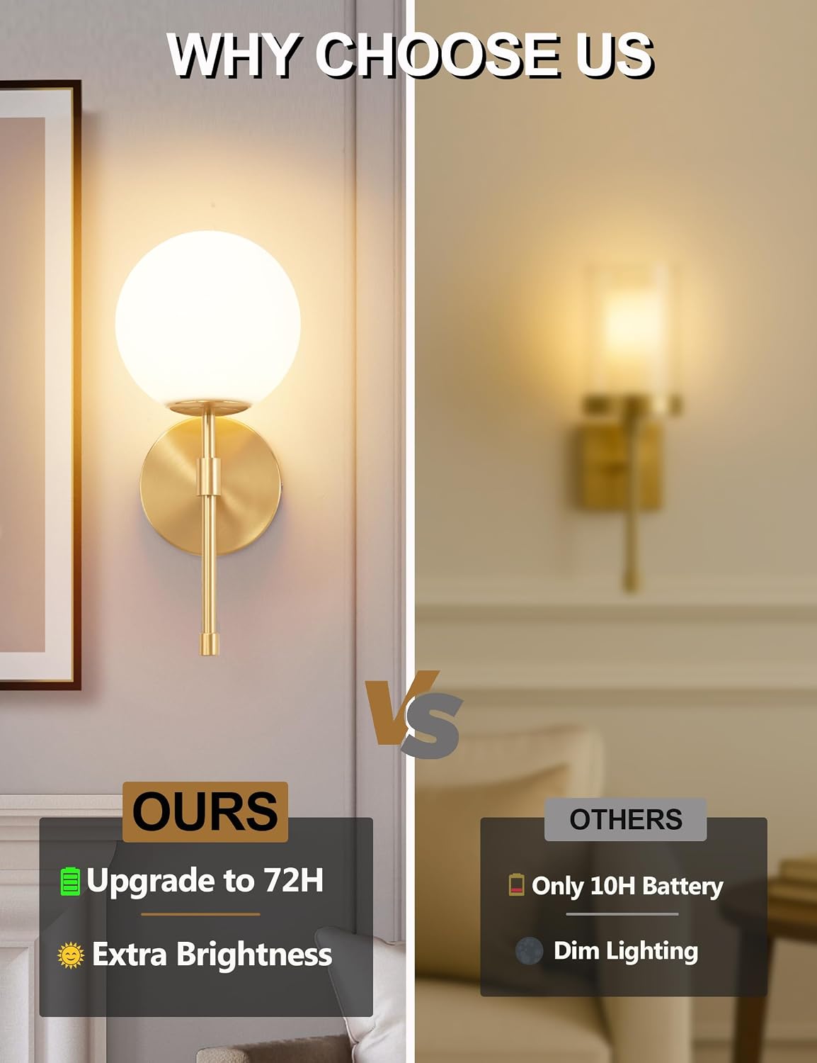 Battery Operated Wall Sconces, Brushed Gold 3 Color Dimmable Set of 2