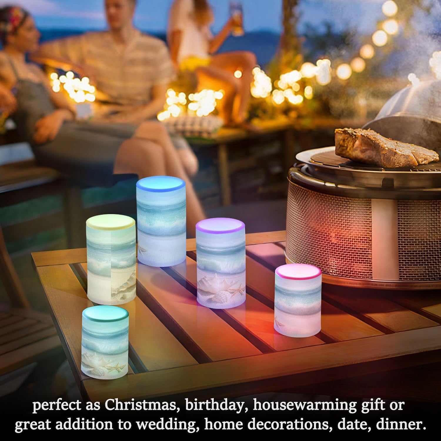 Flickering Flameless Candles, Shells Summer Sandy Beach LED Candles with Remote Timer, Set of 2 Battery Operated Candle