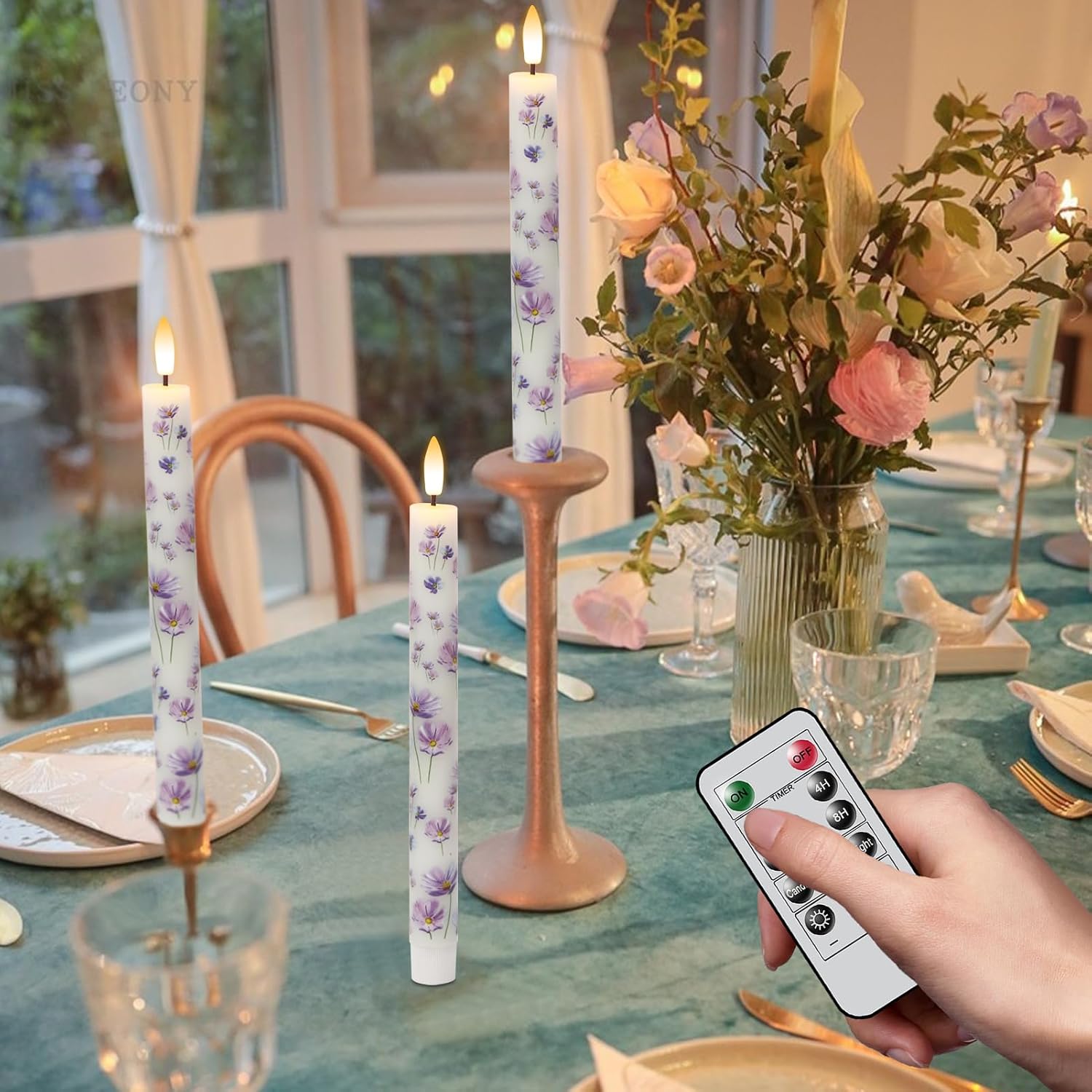 Flameless Taper Candles Flickering with Remote, Purple Floral | LED Taper Candles Flickering, Battery Operated