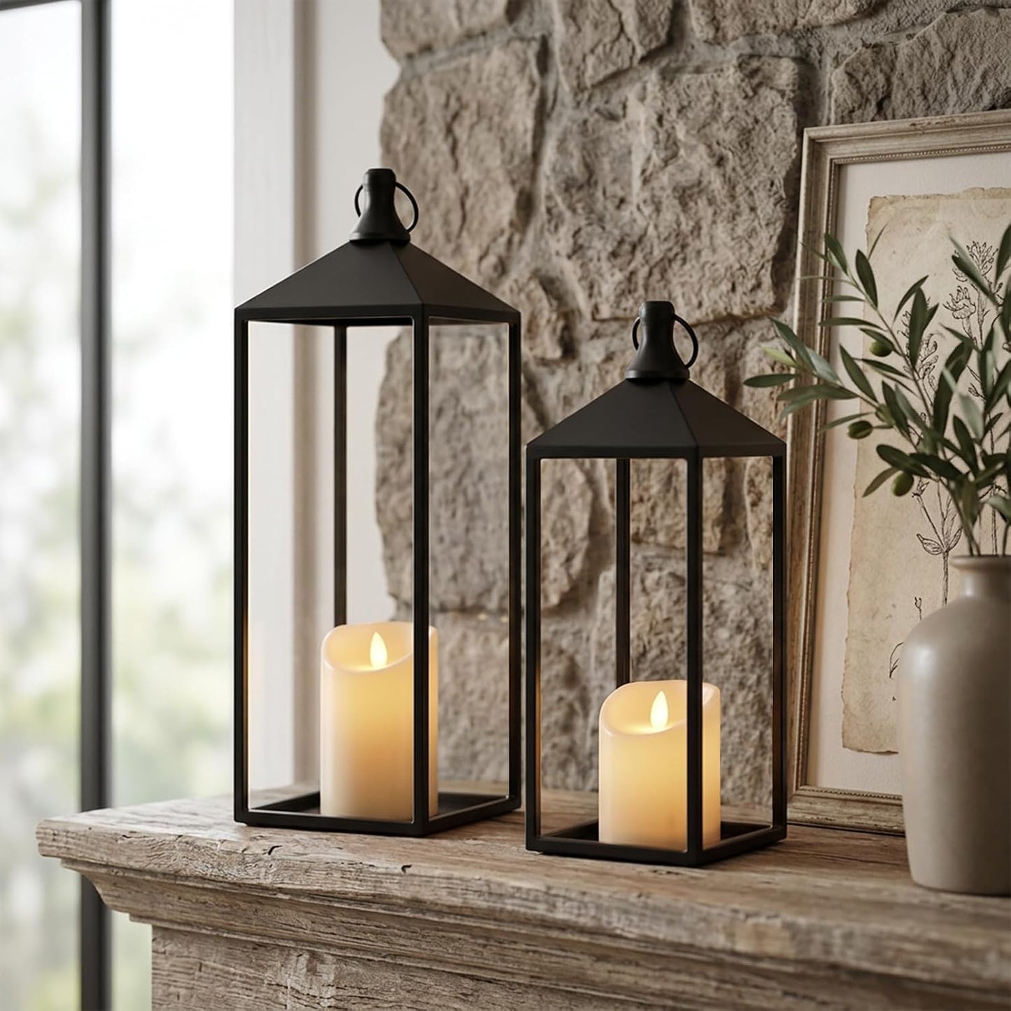 Lanterns Decorative Outdoor Indoor, 17" 13" Set of 2 Black Candle Lanterns | No Glass Metal Outdoor Lantern for Porch