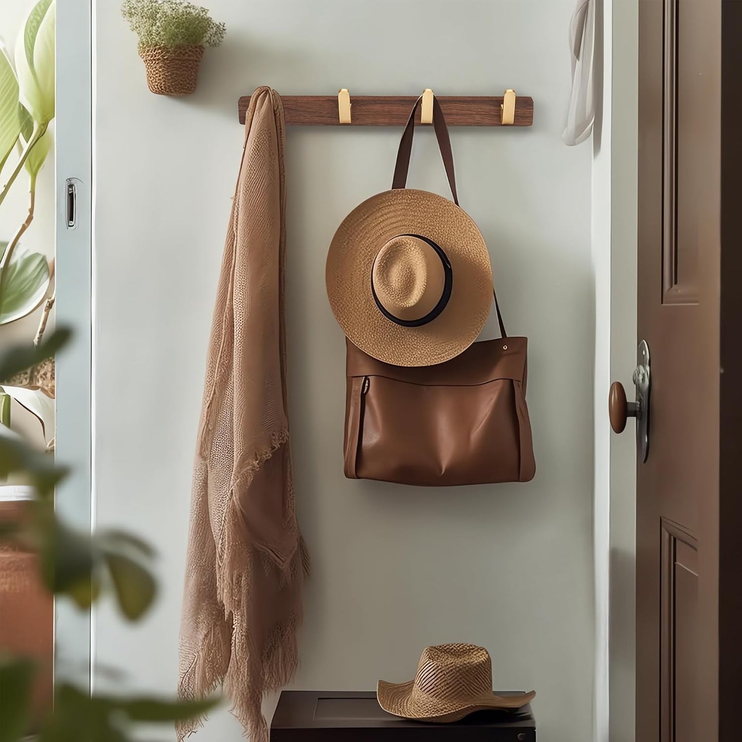 Wall Mounted Coat Rack, Metal Wood with 4 Hooks | Entryway Hanging, For Coat, Scarf, Bag, Towel, Key, Cap, Hat, Walnut