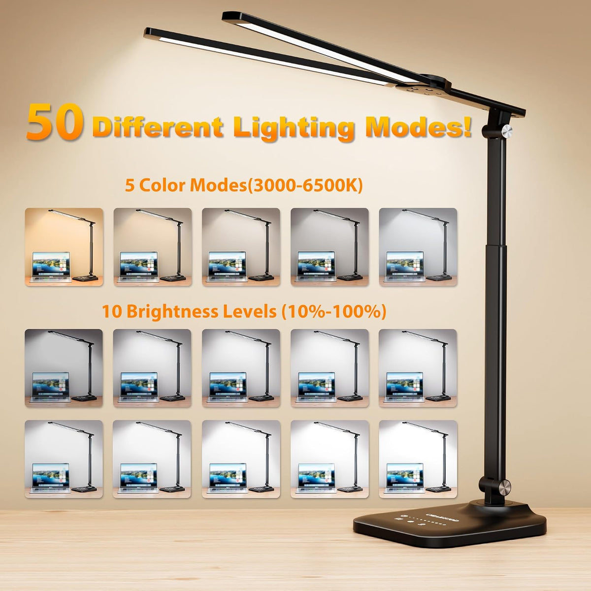 LED Desk Lamp for Office Home, Height Adjustable Architect Desk Light with USB Adapter, Stepless Dimming Desk Lamp