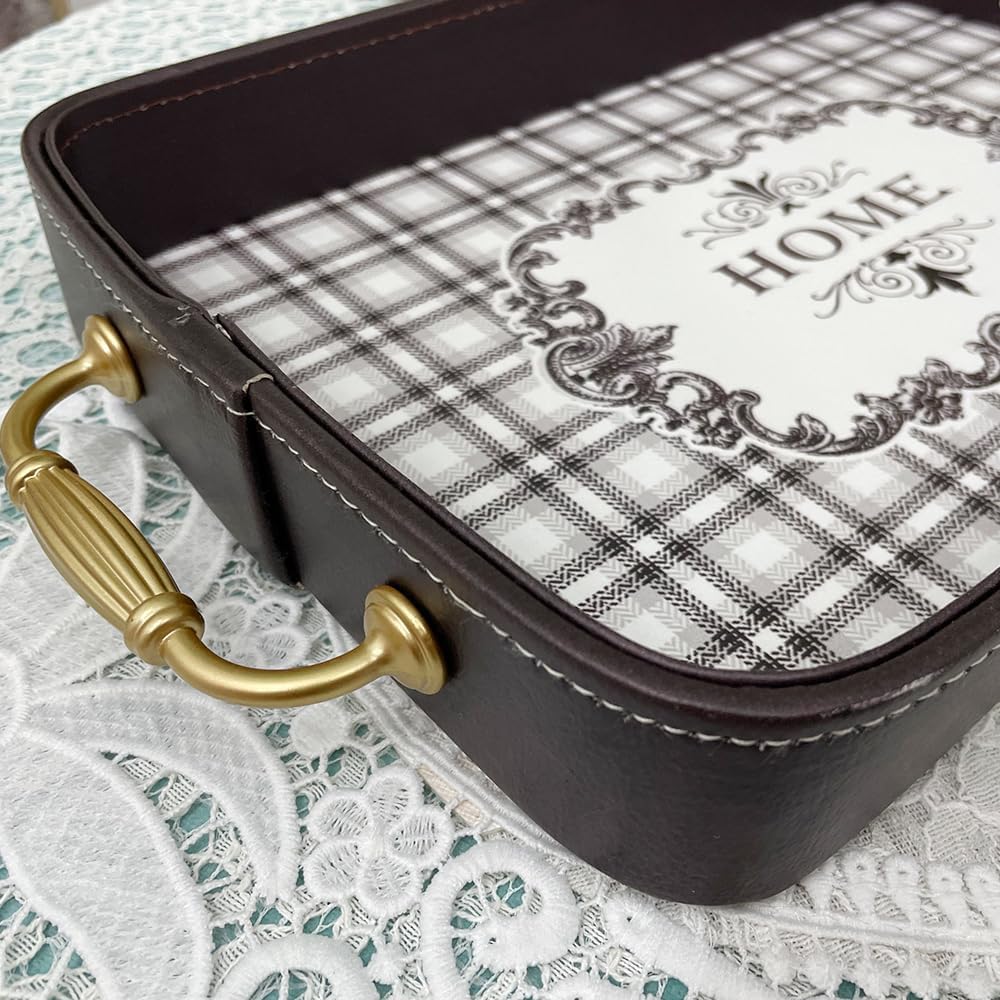 Elegant Leather Serving Tray / Black and White Checkered D