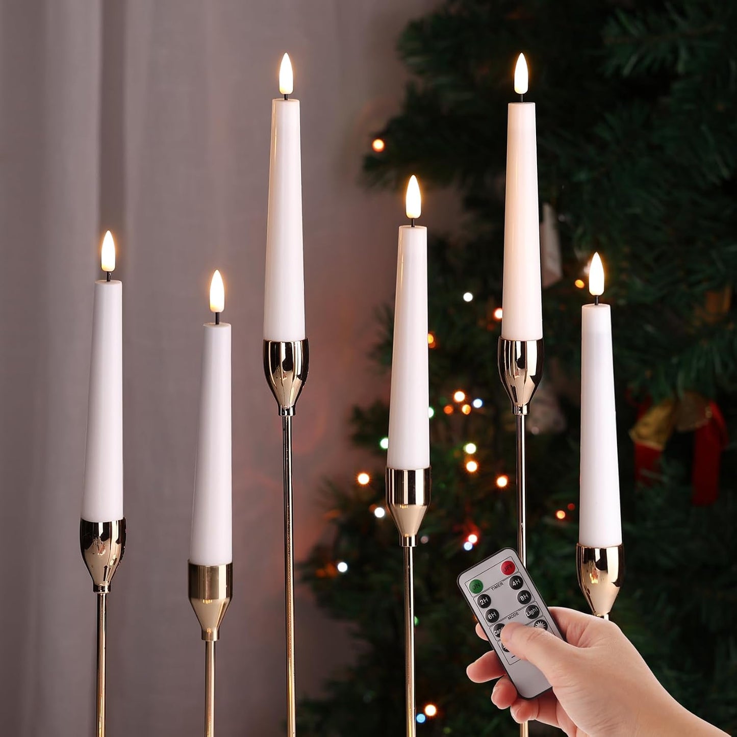 Short White Flameless Taper Candles with Remote Set of 6 | Flickering LED Candlesticks, Real Wax Coating, 2 AAA Battery
