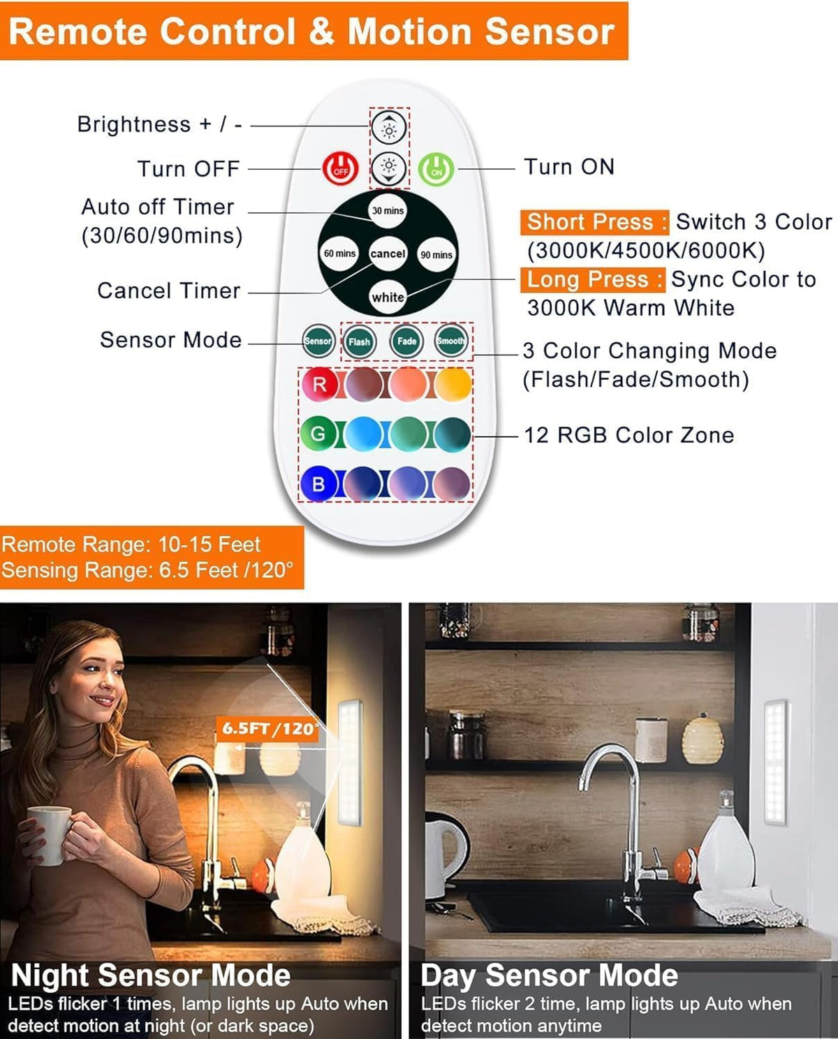 Under Cabinet Lighting Wireless, RGB LED Closet Lights, 4 Pack | 58 LEDs,Rechargeable Motion Sensor Light Indoor