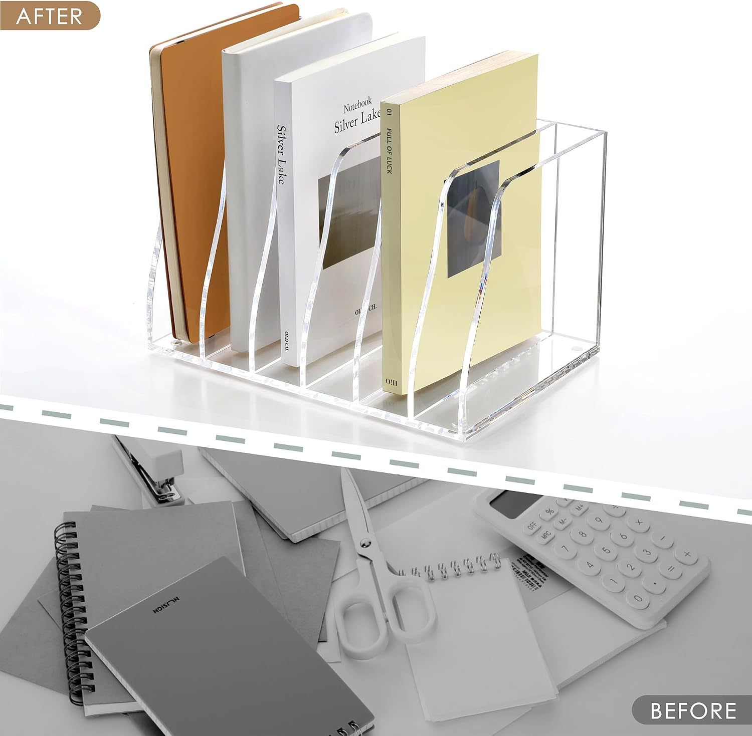 SANRUI Acrylic Magazine File Holder, 6 Vertical Compartments Desk Document Sorter Organizer, Clear Folder Rack Binder