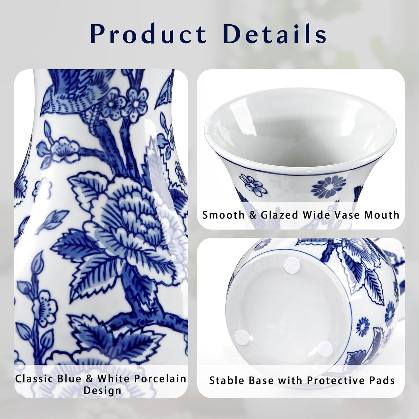 White Ceramic Vase / #birds & Floral Texture / Blue
