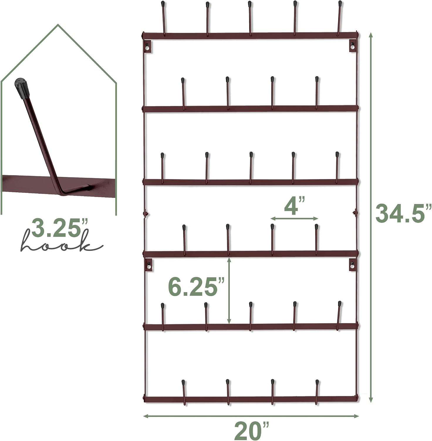 Sorbus Wall Mug Rack, Coffee Mug Display for Coffee Station (Large, Brown) | Rustic six-tier metal holder with hooks