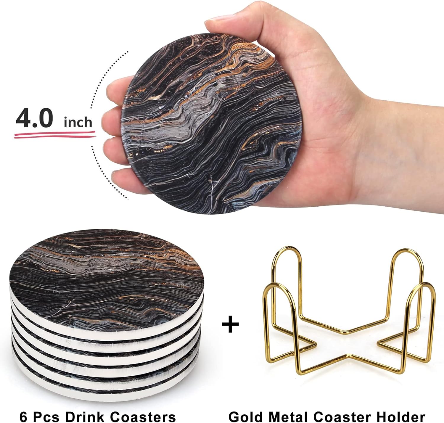 Holder Best Absorbent Drink Coasters Round Ceramic Table Coasters Set / Black Marble / Set of 6