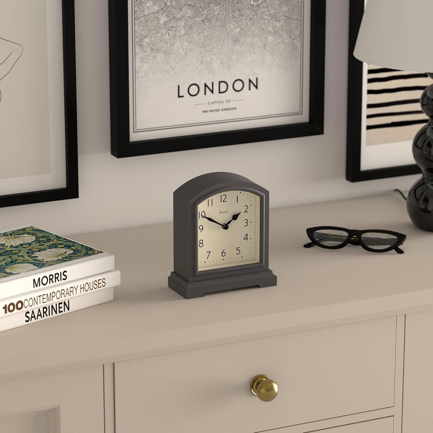 JONES CLOCKS® Tavern Mantel Clock | Modern Arch top Design | Dark Gray | Contemporary Classic Style for Desk, Table