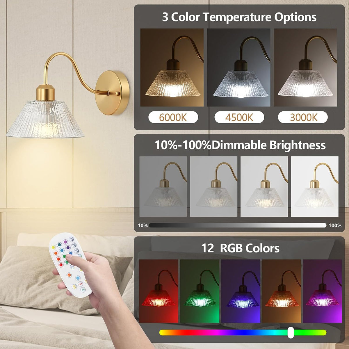 Vintage Battery-Operated Wall Sconces,Wireless Rechargeable Wall Light with Flower Glass Lampshade,Dimmable Wall Lamp