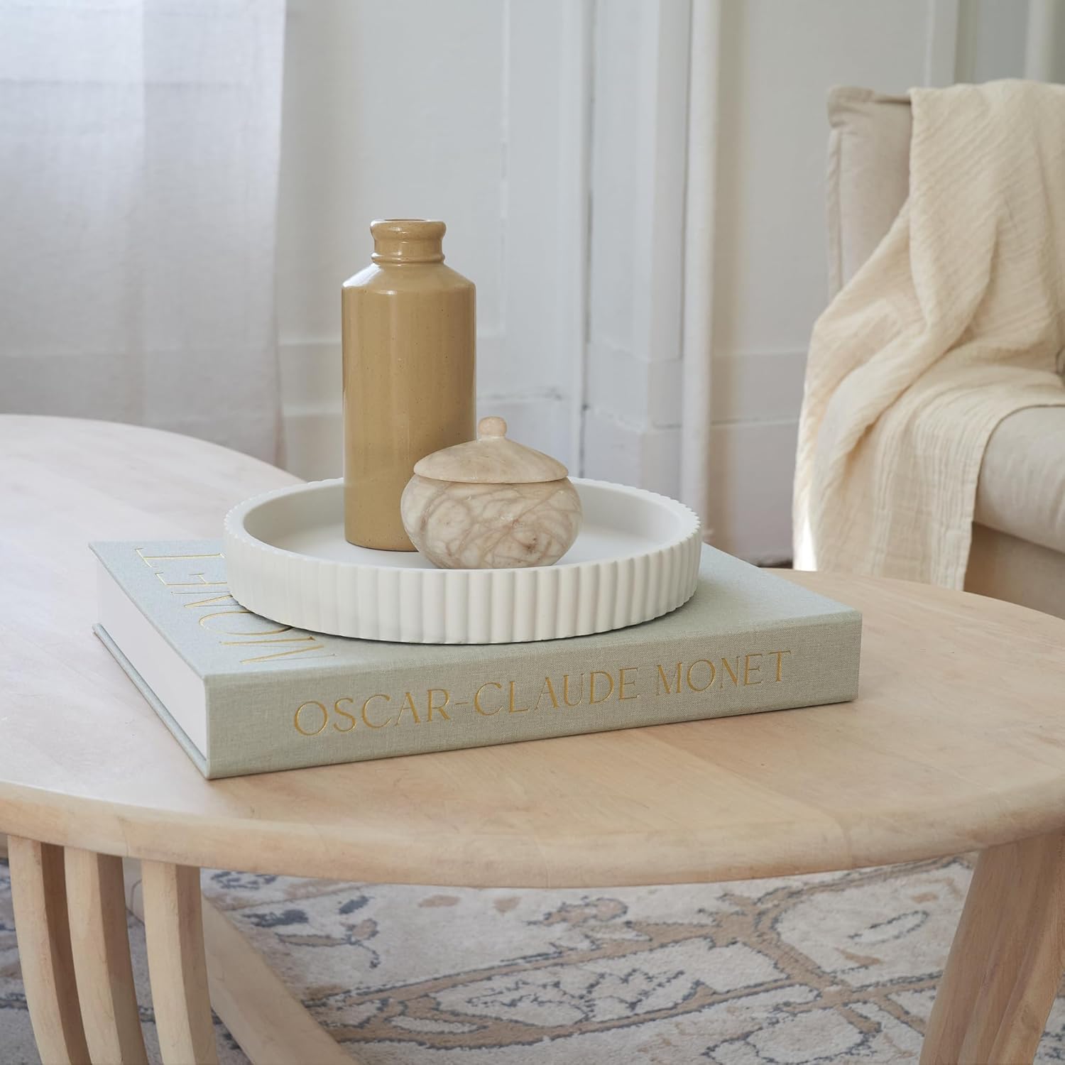 Scalloped Tray & Linen Box Coffee Table or Bookshelf Decor / Sage Green