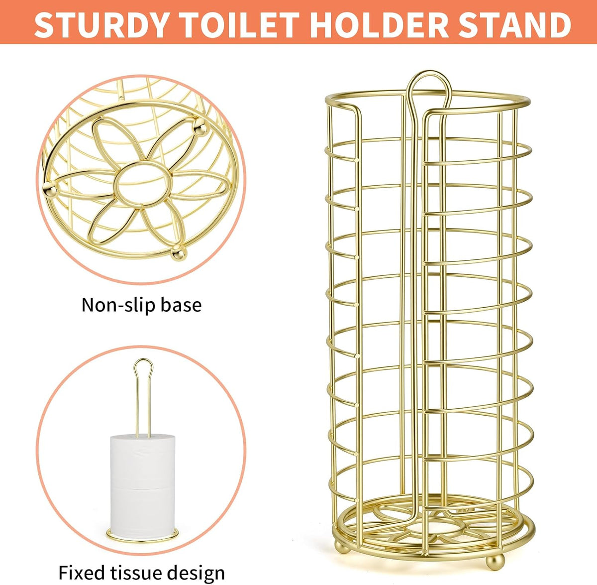 Toilet Paper Holder Stand,Freestanding,Gold | Bathroom Toilet Paper Organizer, 3 Mega Roll Toilet Paper Holder for