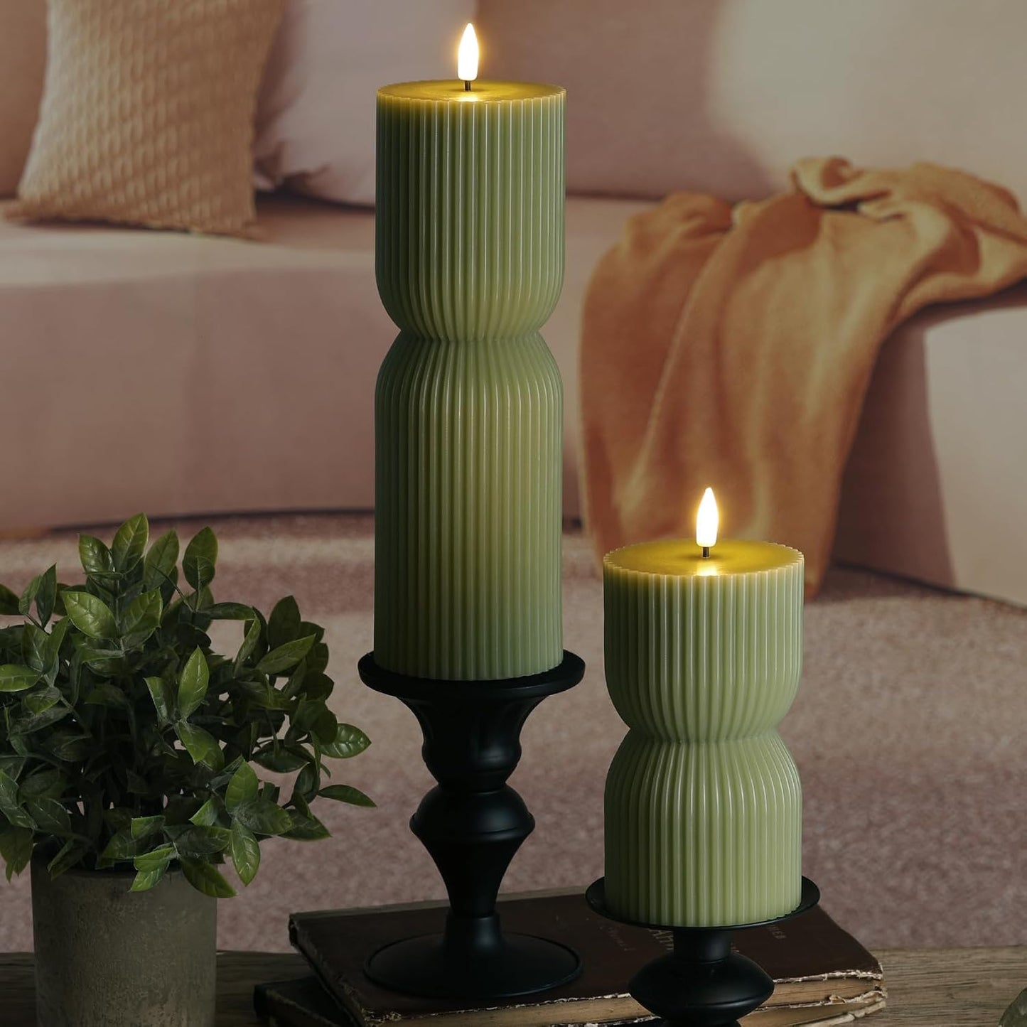 Ribbed Flameless Pillar Candles / Olive Green / Set of 2