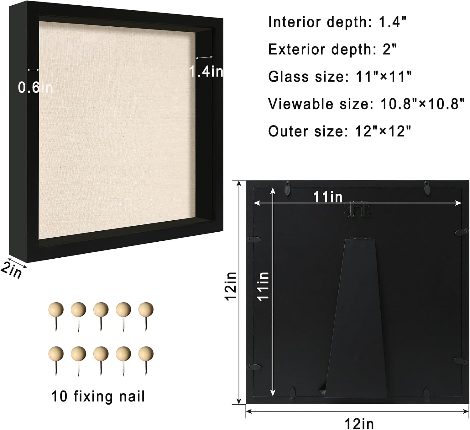 11x11 Shadow Box Display Case with Tempered Glass, Black Wooden Large Memory Shadow Box Frame with Soft Linen Back for