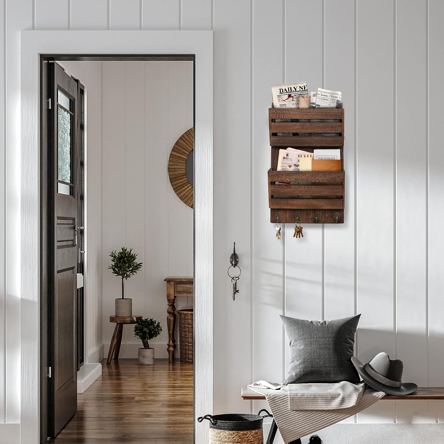 Rustic Wooden Hanging Mail Sorter Farmhouse Key Holder / Brown