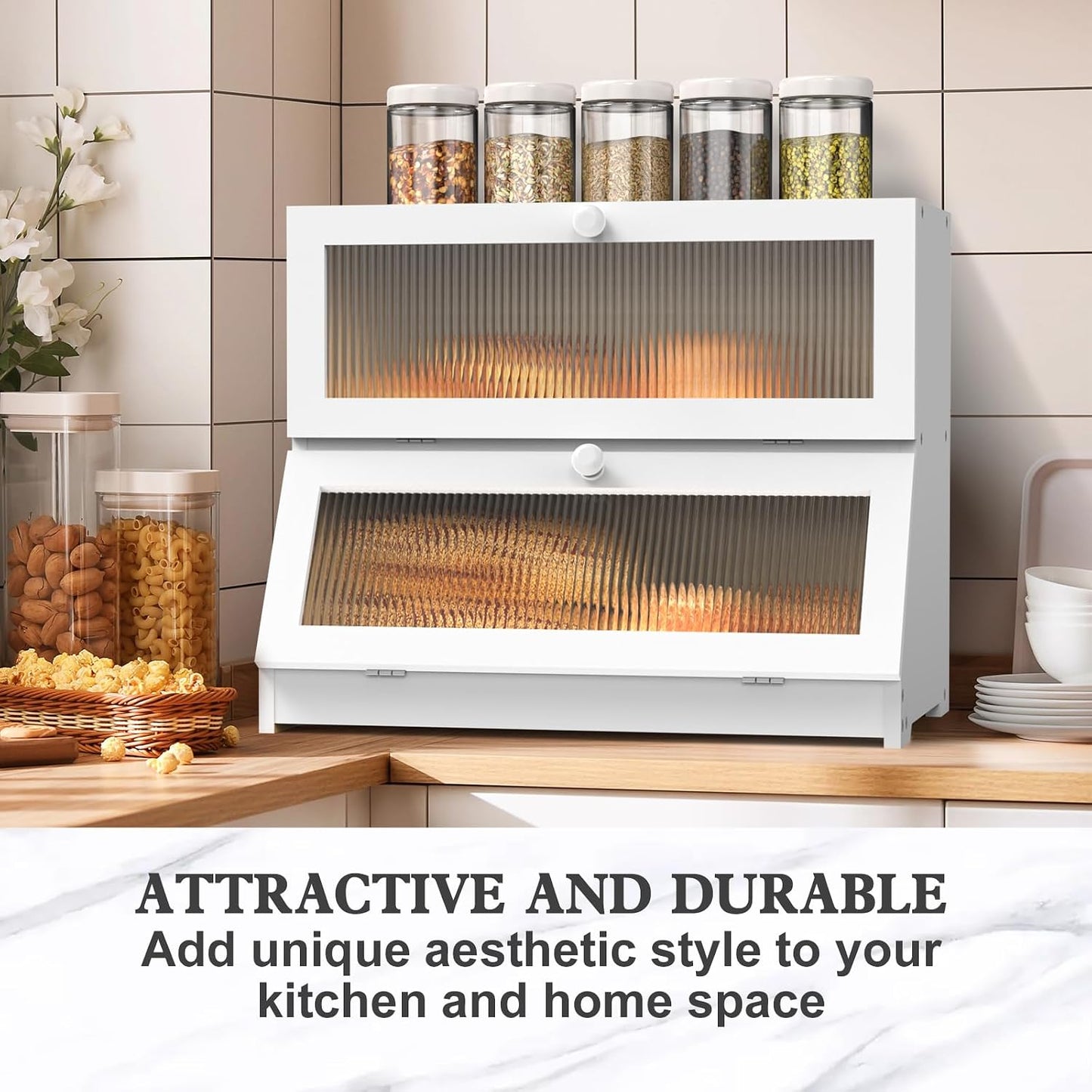 LOHASOK Bread Box for Kitchen Countertop,White | 2-layer, Bamboo, Large, Farmhouse Bread Container Holder Storage