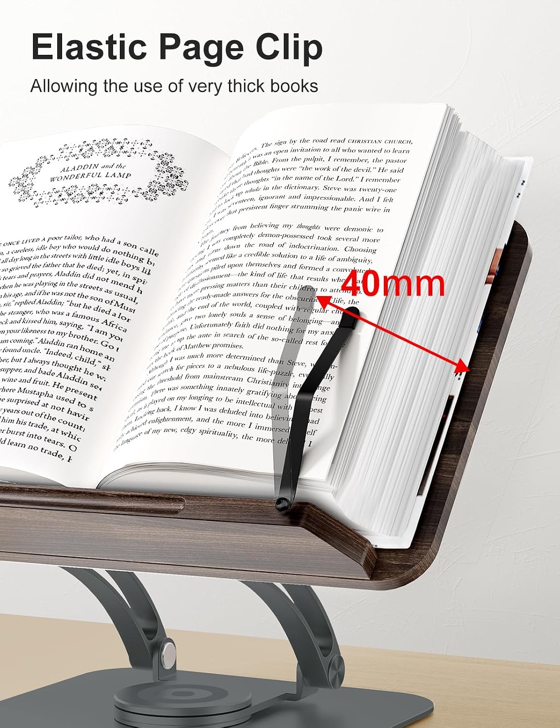 Tounee Book Stand for Reading, Adjustable Book Holder with 360° Swivel Base, Foldable Cookbook Stand Recipe Book Holder