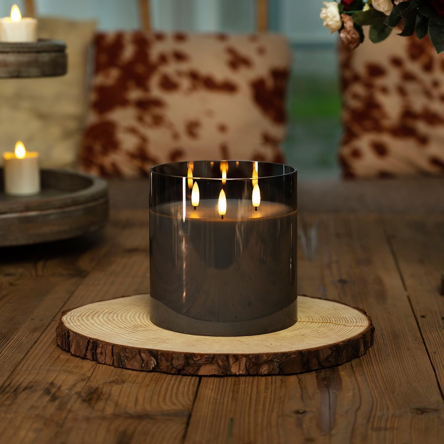 Homemory Grey Large Glass Flameless LED Candle, 3 Wicks, Remote Timer | 6"x6", real wax, battery operated flickering