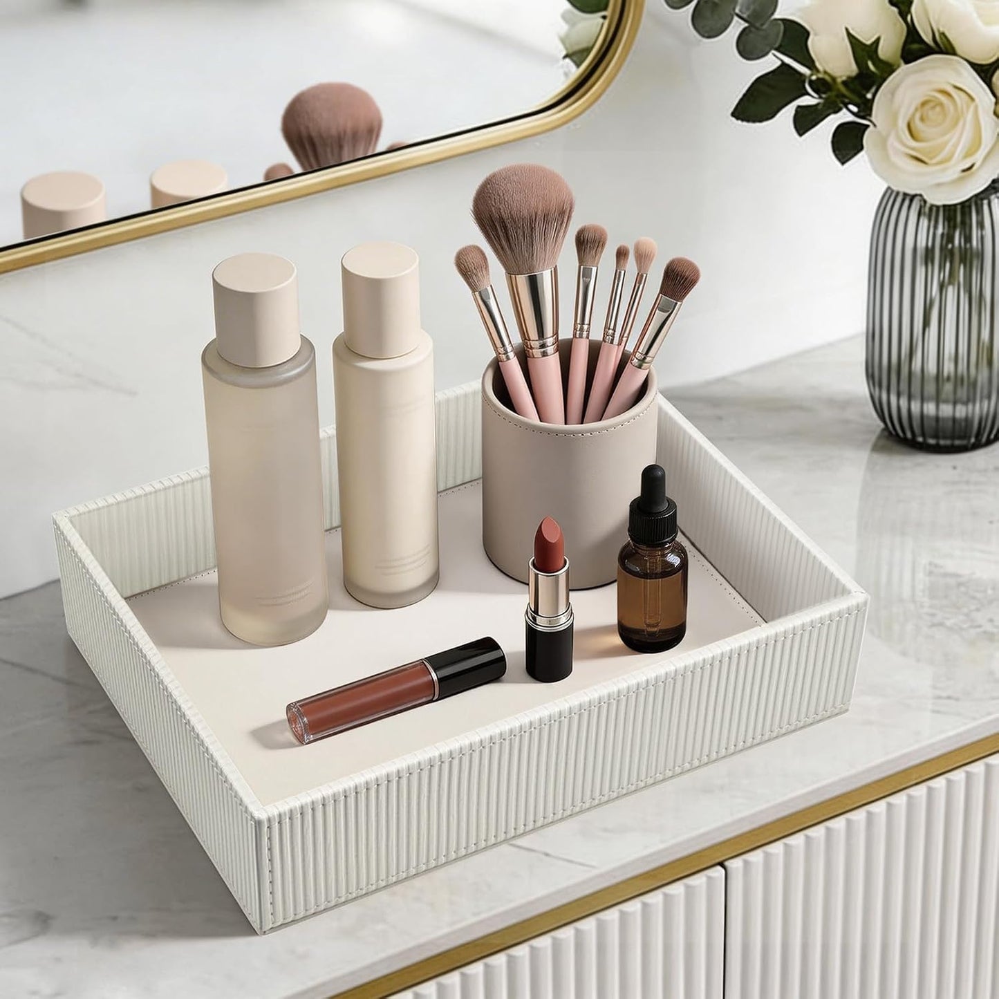 Valet Tray Desk Organizer / Stripe Pearl White