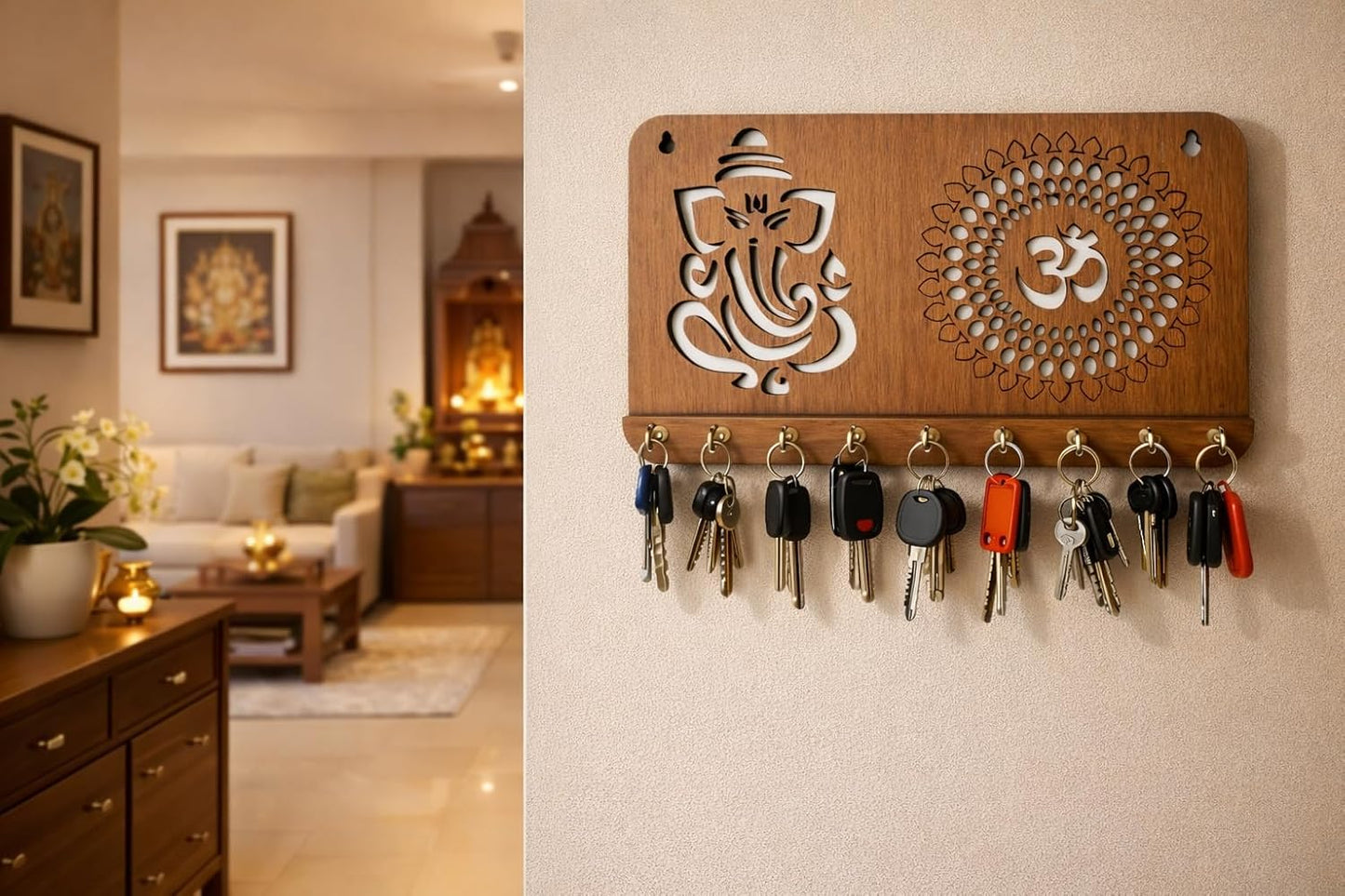 Handicraft Key Chain Stand / Ganesha Om Chakra-brown / 24 x 14 x 2.5 / CM