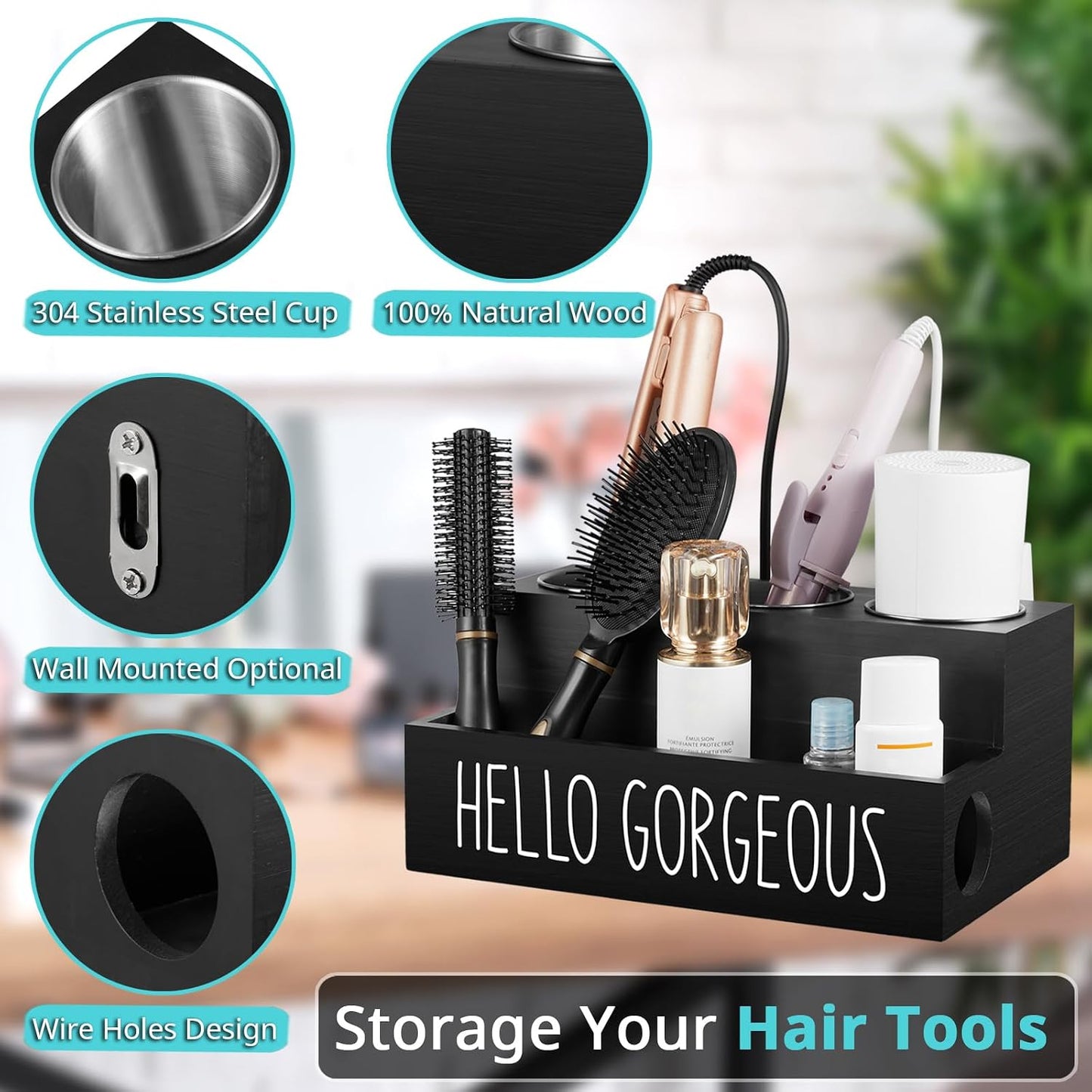 Bivvclaz Hair Tool Organizer, Wooden Hair Dryer Holder Countertop, Wall Mount Hot Tools Organizer for Hair Styling