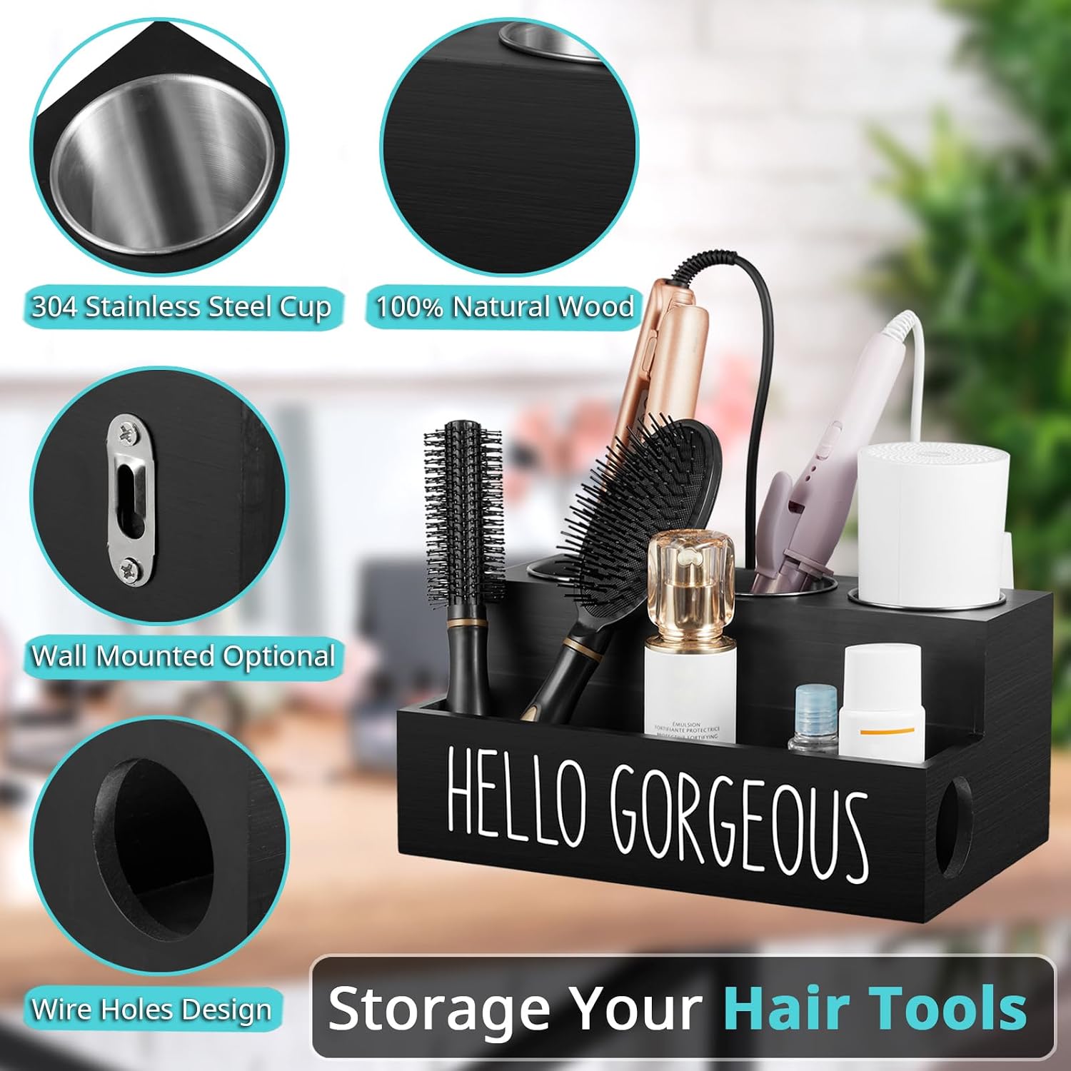 Bivvclaz Hair Tool Organizer, Wooden Hair Dryer Holder Countertop, Wall Mount Hot Tools Organizer for Hair Styling