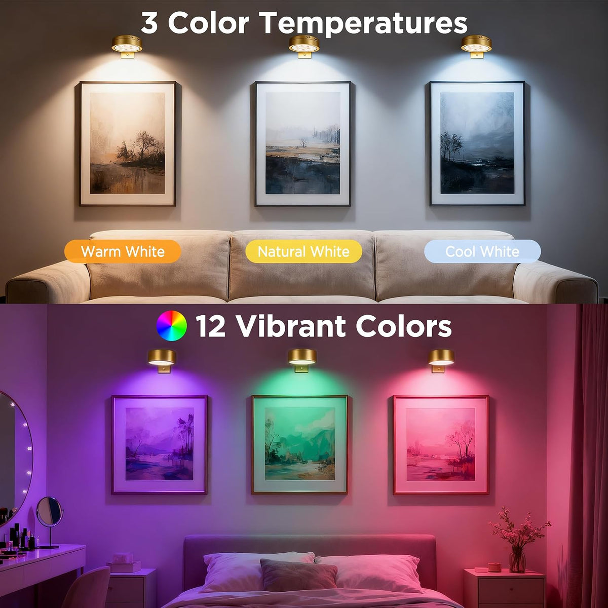 4-Pack Picture Lights for Wall, Rechargeable Cordless Poster Lights, Gold | LED Magnetic Painting Lights with