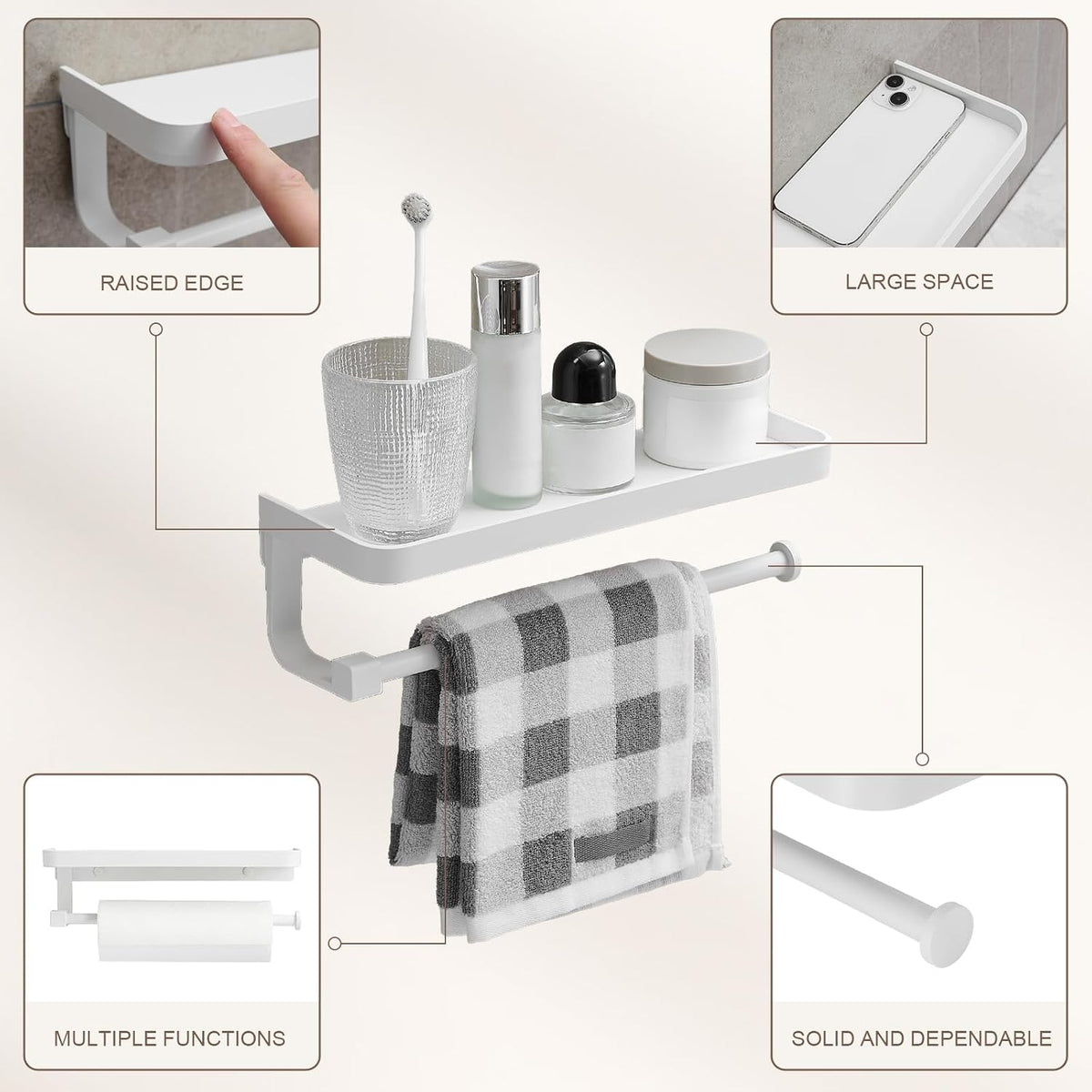 Paper Towel Holder Wall Mount with Shelf, Bathroom/Kitchen Paper Towel Holder, Effortless One-Handed Tear, Rust-Proof