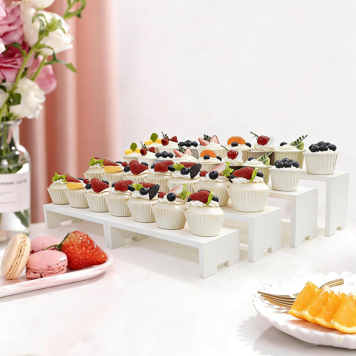 Yikaroeli 2 Set Large White Display Risers Wood Riser Cupcake Display Stand 4 Tiered 8Pcs Rectangular Perfume Dessert