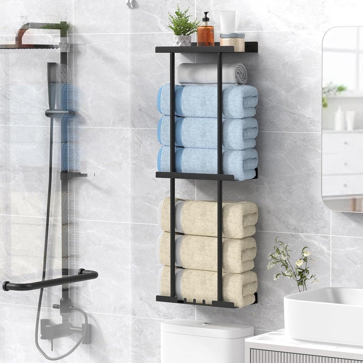 Towel Rack for Bathroom, Wall Mounted Vertical Rolled Towel Storage Organizer Holder with Shelf, Holds Up 6 Large Bath