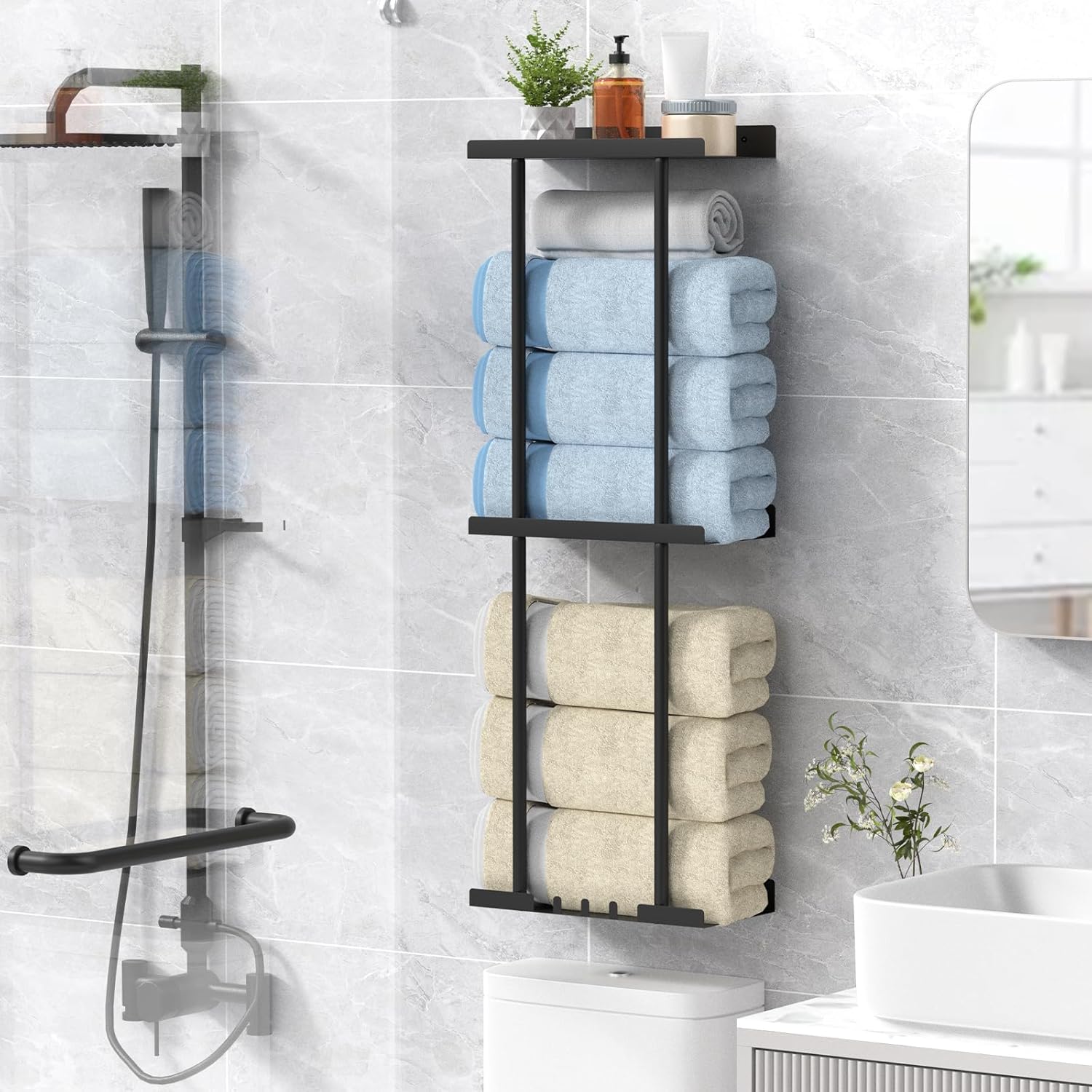 Towel Rack for Bathroom, Wall Mounted Vertical Rolled Towel Storage Organizer Holder with Shelf, Holds Up 6 Large Bath