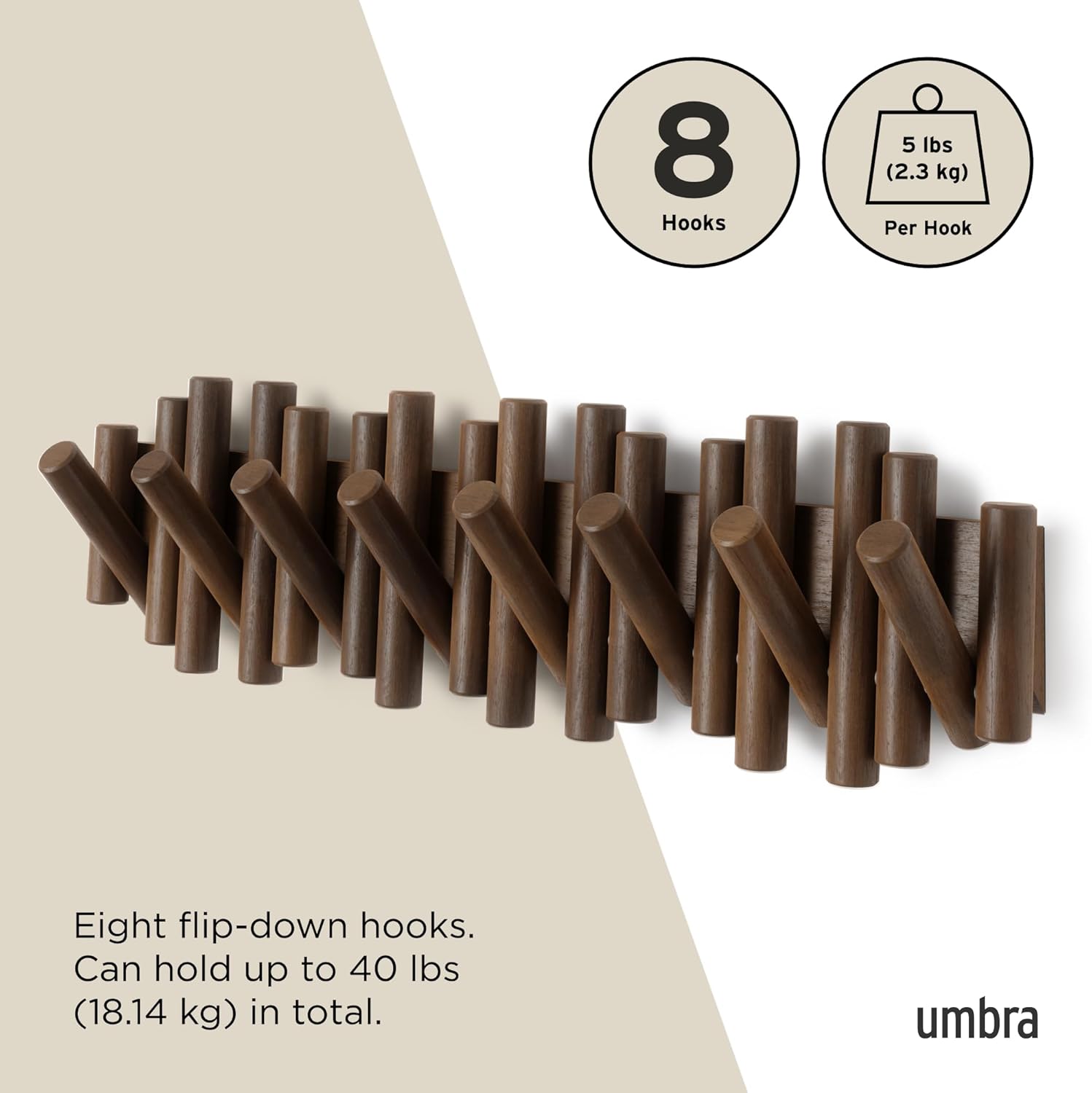 Flip-Down Wooden Hooks / Walnut / 8-hook
